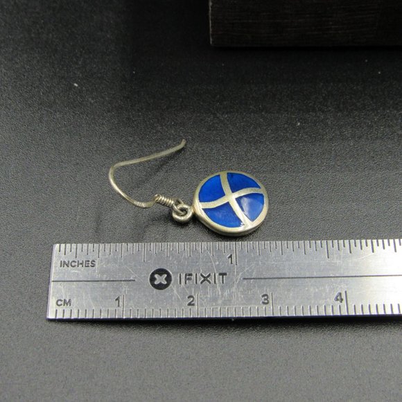 Sterling Silver Odd Circle Blue Inlay Earrings - Picture 5 of 6